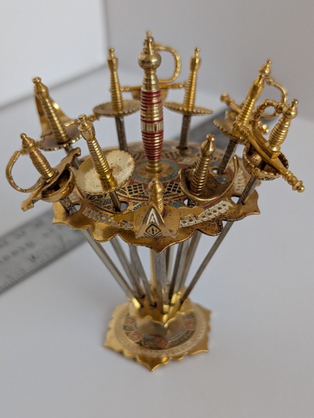 Vintage Spanish Swords Cocktail Picks with Enameled Stand
